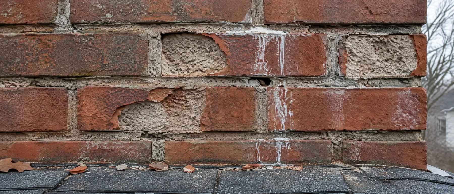 Brick chimney with spalled brick faces and eroded mortar joints