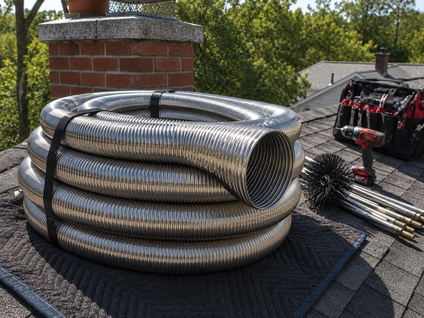 Coiled flexible stainless steel chimney liner on a roof beside a brick chimney
