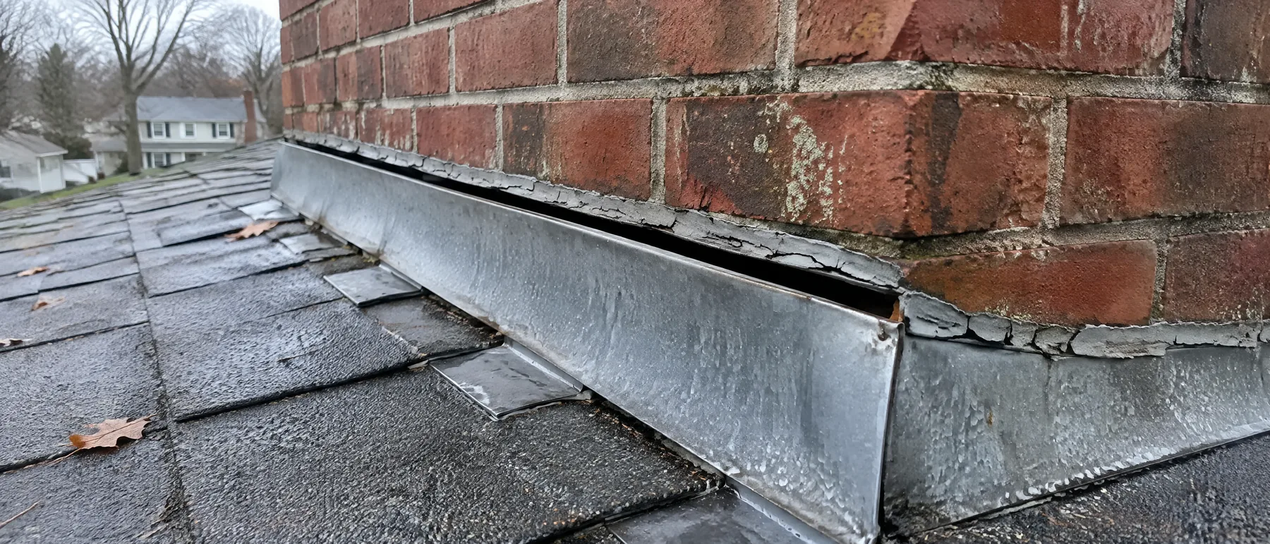 Lifted step flashing where a brick chimney meets an asphalt shingle roof
