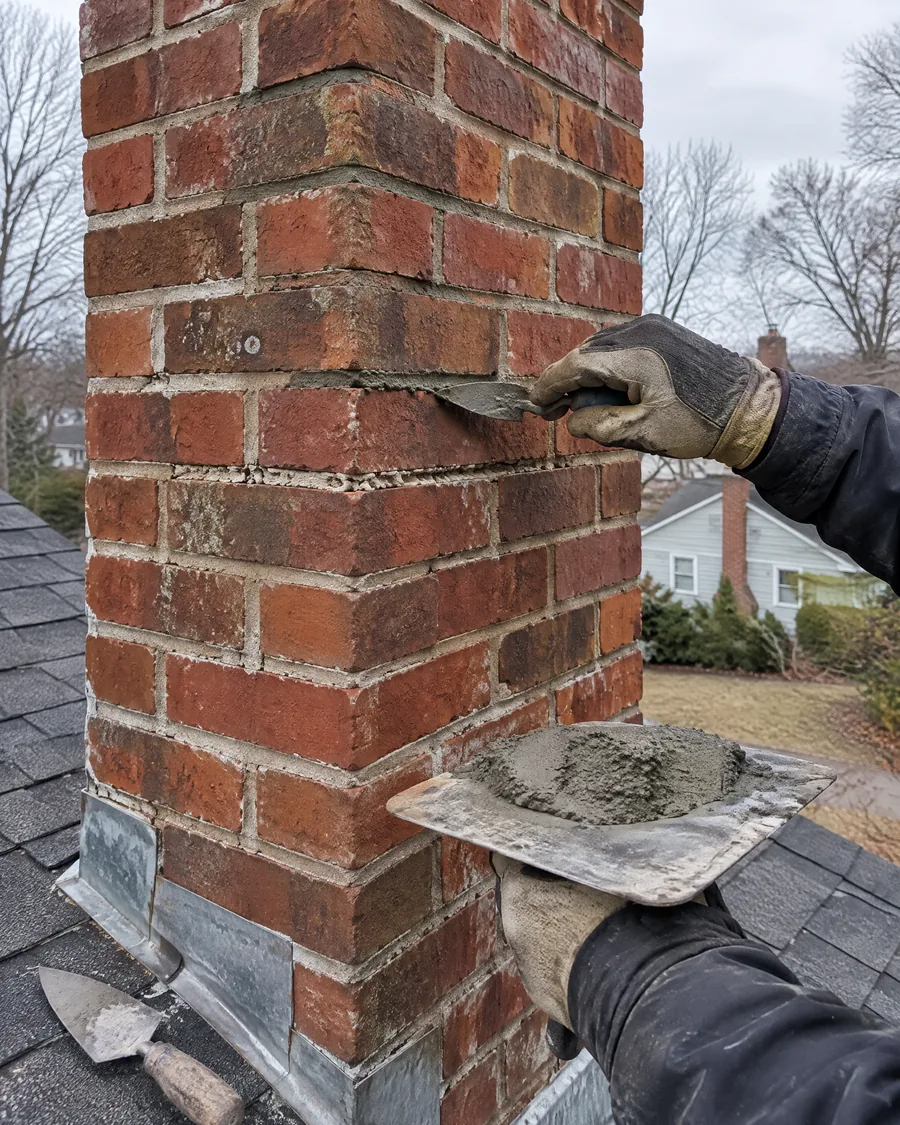 Mason repointing a brick chimney with a trowel at roof height