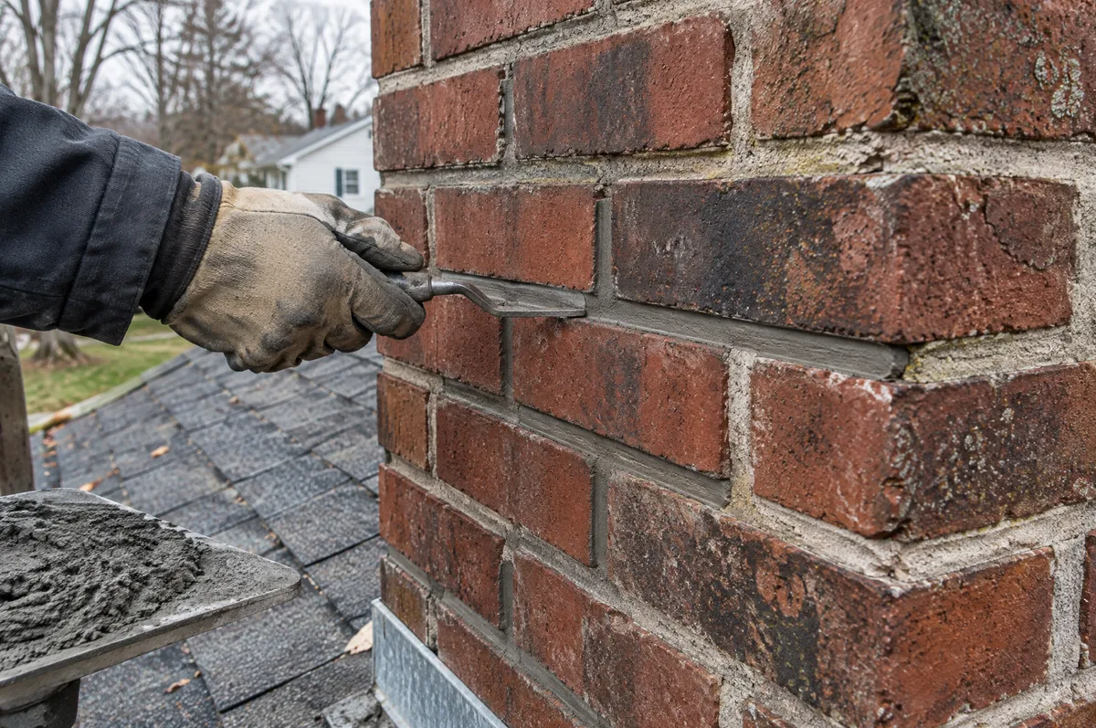 Gloved hand tooling a fresh mortar joint on a brick chimney