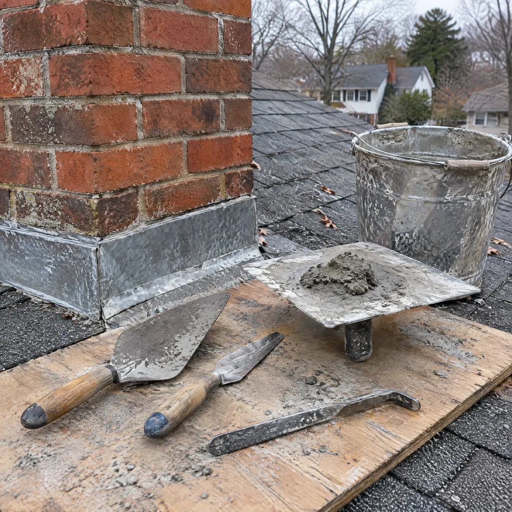 Mason's trowel, hawk and mortar bucket on a roof beside a brick chimney