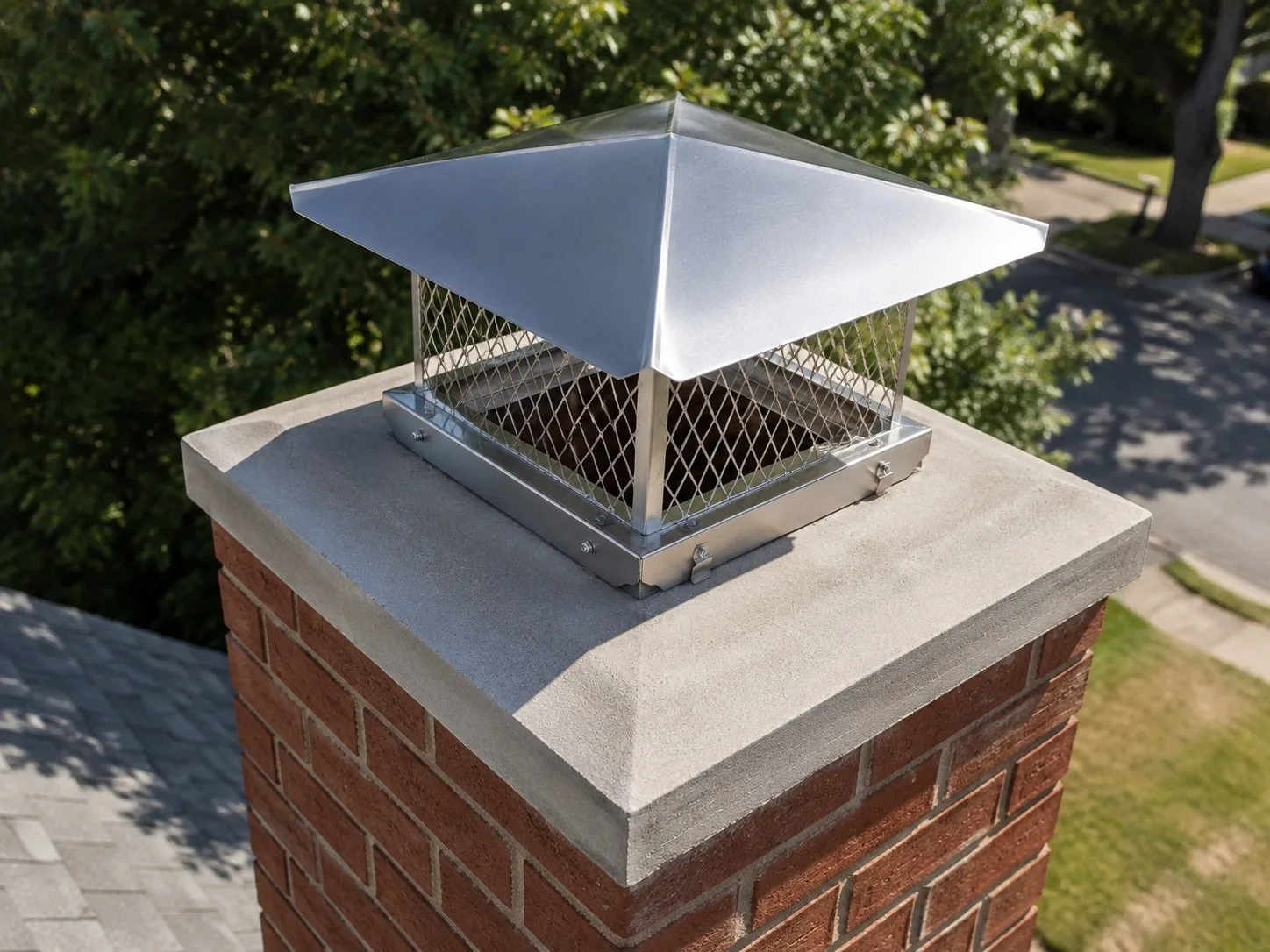 New concrete chimney crown with a stainless steel cap on a brick chimney