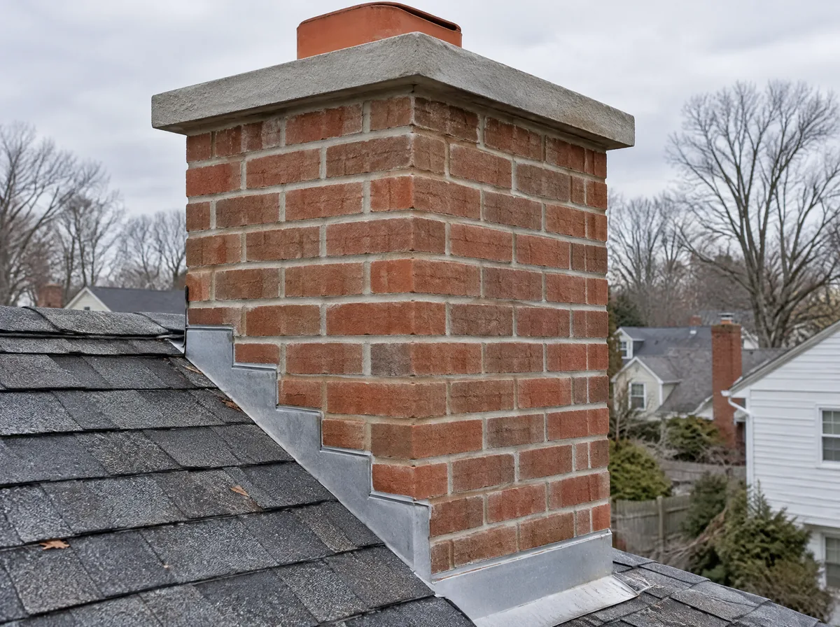 Repointed red brick chimney on the roof of a suburban house
