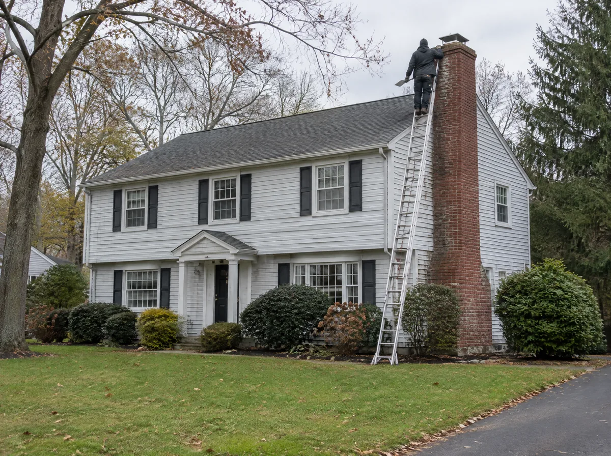 Technician checking the top of a brick chimney on a two-story colonial house